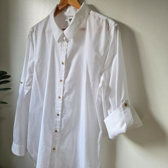 EUC CALVIN KLEIN WHITE WITH GOLD BUTTONS BUTTON DOWN SHIRT SIZE LARGE WOMEN - Picture 6 of 13